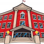 20684991 — large imposing red brick school building with american flag